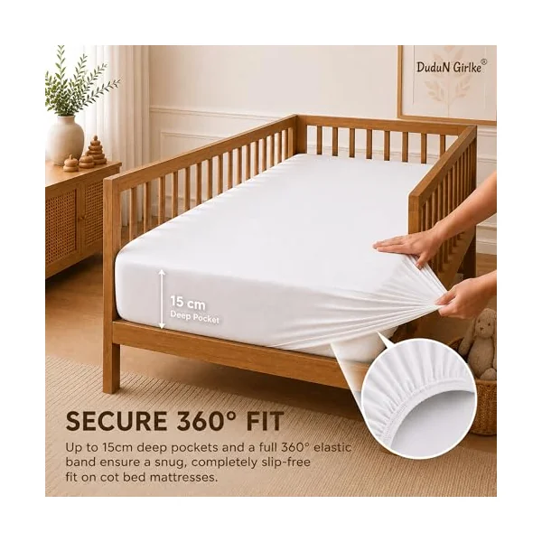 Dudu N Girlie Cotton Cot Bed Fitted Sheet, Toddler Bedding, White, 1 Pack | 140x70cm Fit, Fully Elasticated, Fits up to 15cm Deep, Breathable