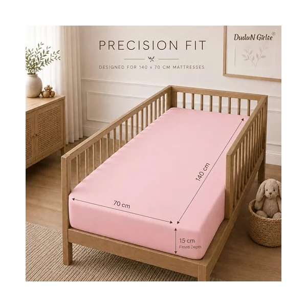 Dudu N Girlie Cotton Jersey Cot Bed Fitted Sheet, Pink, 140x70cm, 1 Pack | Fully Elasticated, Fits up to 15cm Deep Mattress, Breathable Fabric, Machine Washable