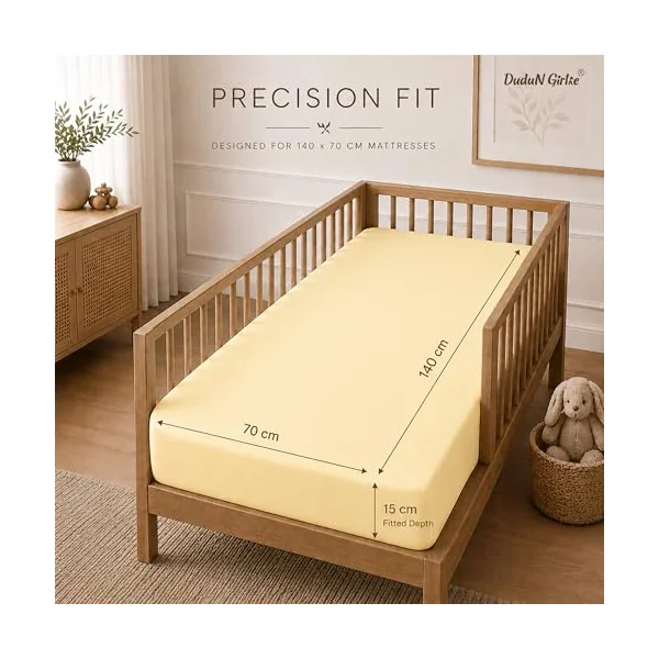 Dudu N Girlie Cotton Jersey Cot Bed Fitted Sheet, Yellow, 140x70cm, 1 Pack | Fully Elasticated, Fits up to 15cm Deep, Breathable Fabric, Easy Care