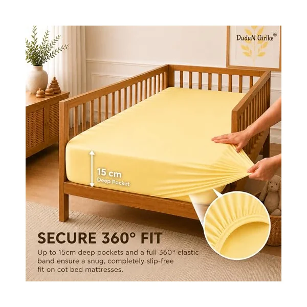 Dudu N Girlie Cotton Jersey Cot Bed Fitted Sheet, Yellow, 140x70cm, 1 Pack | Fully Elasticated, Fits up to 15cm Deep, Breathable Fabric, Easy Care