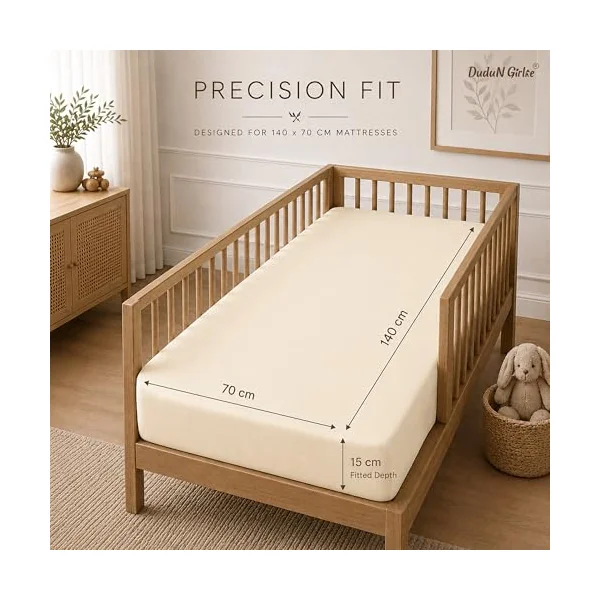 Dudu N Girlie Cotton Jersey Cot Bed Fitted Sheets, Cream, 140x70cm, 2 Pack | Fits Mattresses up to 15cm Deep, Fully Elasticated, Breathable Fabric