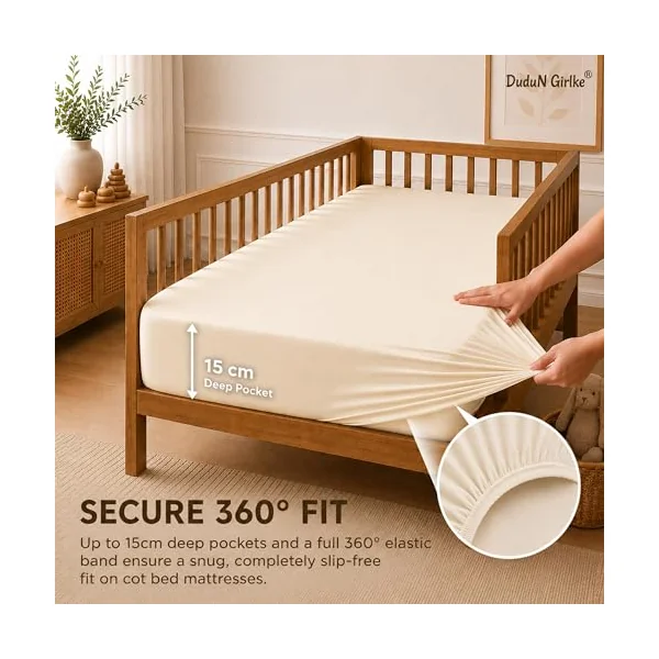 Dudu N Girlie Cotton Jersey Cot Bed Fitted Sheets, Cream, 140x70cm, 2 Pack | Fits Mattresses up to 15cm Deep, Fully Elasticated, Breathable Fabric