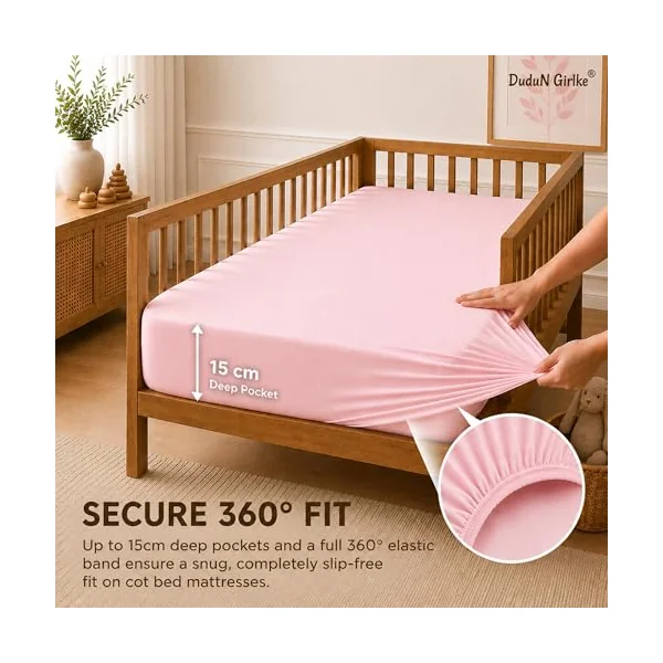 Dudu N Girlie Cotton Jersey Cot Bed Fitted Sheets, Pink, 140x70cm, 2 Pack | Fully Elasticated, Fits up to 15cm Deep, Breathable Fabric, Toddler Use