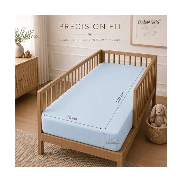 Dudu N Girlie Deep Fitted Cot Bed Sheets Cotton, Blue, 140x70cm, 2 Pack | Fully Elasticated, Fits up to 15cm Deep, Breathable Fabric, Toddler Use