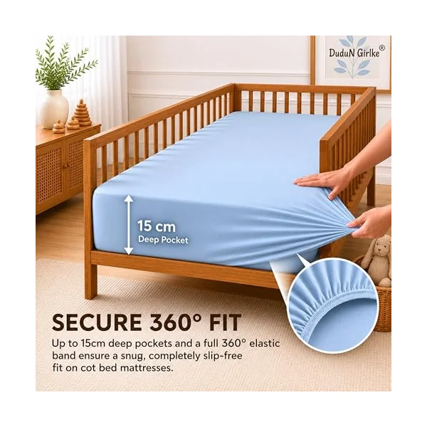 Dudu N Girlie Deep Fitted Cot Bed Sheets Cotton, Blue, 140x70cm, 2 Pack | Fully Elasticated, Fits up to 15cm Deep, Breathable Fabric, Toddler Use