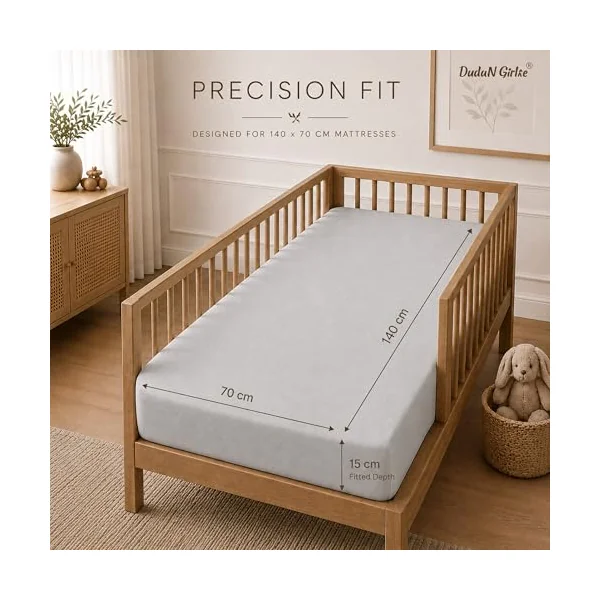 Dudu N Girlie Deep Fitted Cot Bed Sheets Cotton, Grey, 140x70cm, 2 Pack | Fully Elasticated, Fits up to 15cm Deep, Breathable Fabric, Toddler Use