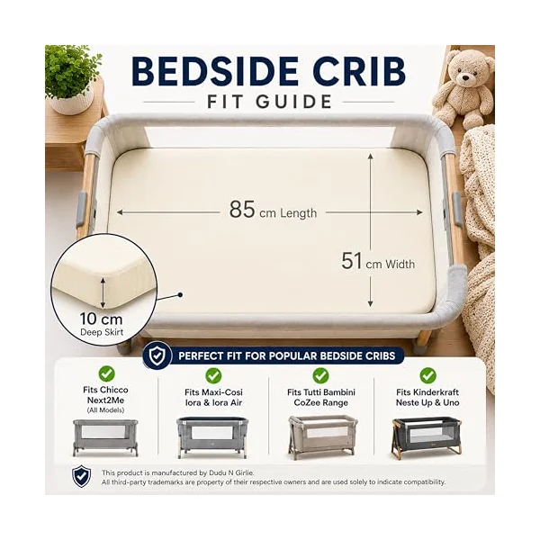 Dudu N Girlie Next to Me Crib Sheets 85x51cm – Cream & Blue, 2 Pack, 100% Jersey Cotton Fitted Bedding for Bedside & Co-Sleeping Cribs