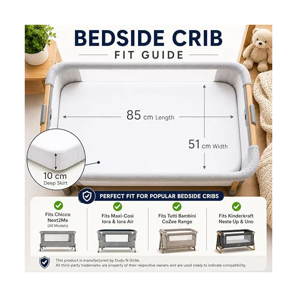 Dudu N Girlie Next to Me Crib Sheets 85x51cm – White & Blue, 2 Pack, 100% Jersey Cotton Fitted Bedding for Bedside & Co-Sleeping Cribs