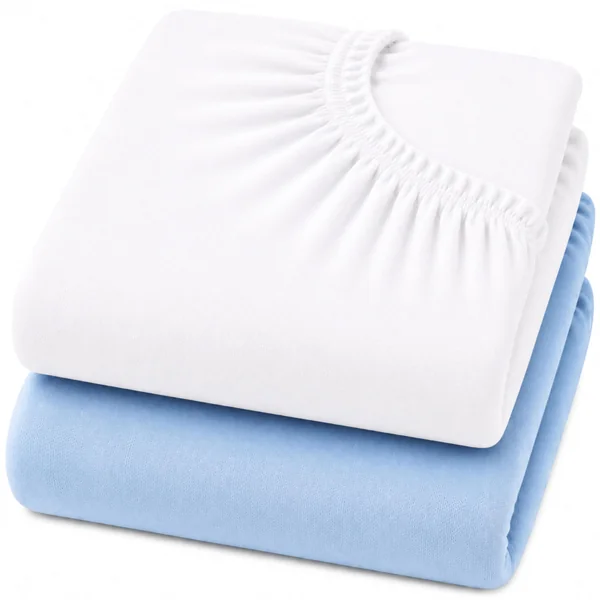 Dudu N Girlie Next to Me Crib Sheets 85x51cm – White & Blue, 2 Pack, 100% Jersey Cotton Fitted Bedding for Bedside & Co-Sleeping Cribs