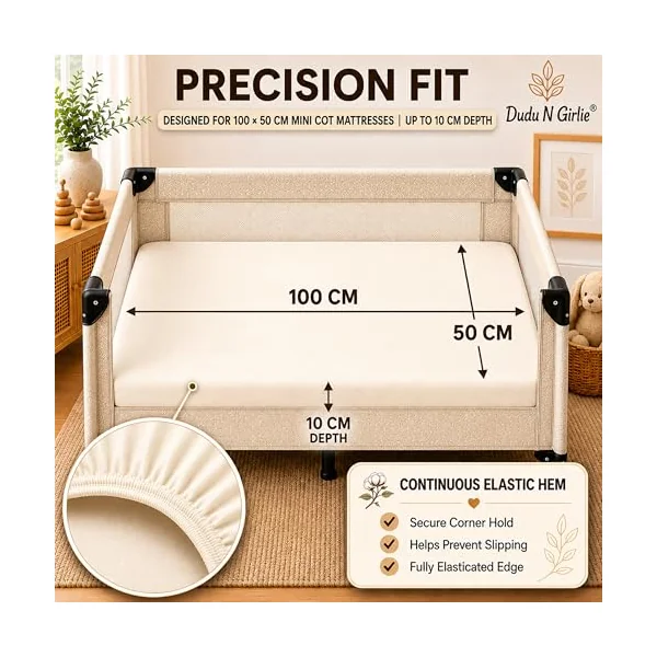 Dudu N Girlie Space Saver Cot Sheets, Jersey Cotton,100x50cm, Cream, 2 Pack | Fits Mini Cot Beds, Fully Elasticated, Breathable Fabric, Machine Washable