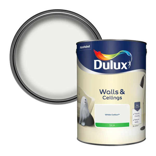 Dulux Walls & Ceilings White cotton Silk Emulsion paint, 5L
