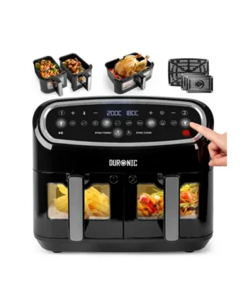 Duronic AF34 BK Air Fryer Triple Drawer 10L Digital AirFryer with Visual Window Large Dual Zone Air Fryer for Family Meals - Black