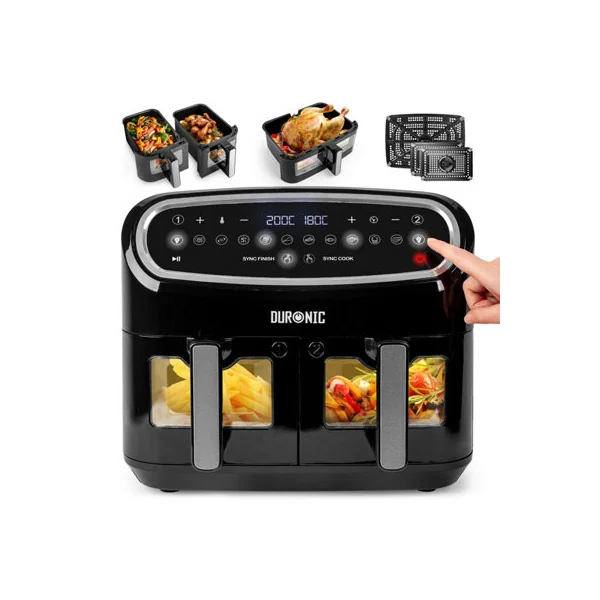 Duronic AF34 BK Air Fryer Triple Drawer 10L Digital AirFryer with Visual Window Large Dual Zone Air Fryer for Family Meals - Black