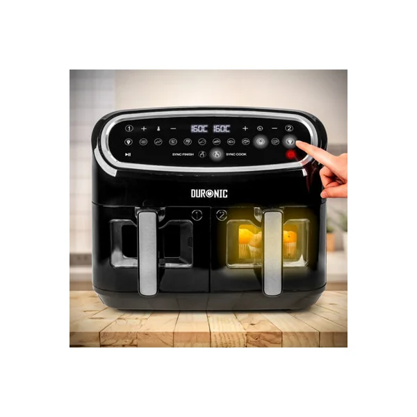 Duronic AF34 BK Air Fryer Triple Drawer 10L Digital AirFryer with Visual Window Large Dual Zone Air Fryer for Family Meals - Black