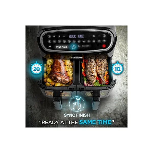 Duronic AF34 BK Air Fryer Triple Drawer 10L Digital AirFryer with Visual Window Large Dual Zone Air Fryer for Family Meals - Black