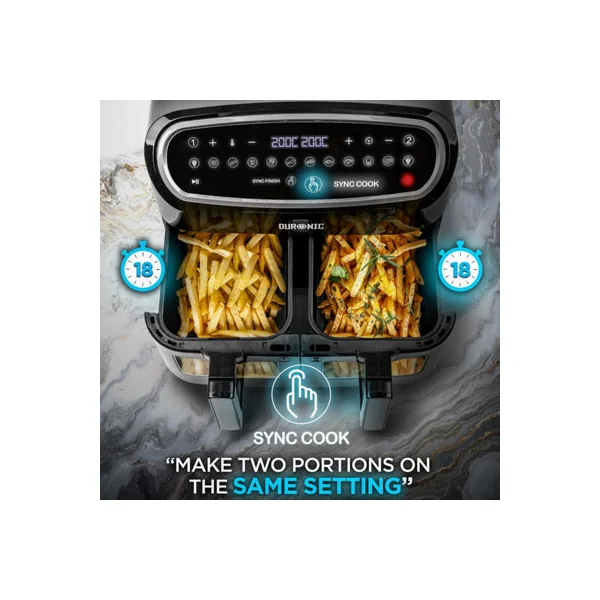 Duronic AF34 BK Air Fryer Triple Drawer 10L Digital AirFryer with Visual Window Large Dual Zone Air Fryer for Family Meals - Black