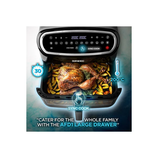 Duronic AF34 BK Air Fryer Triple Drawer 10L Digital AirFryer with Visual Window Large Dual Zone Air Fryer for Family Meals - Black