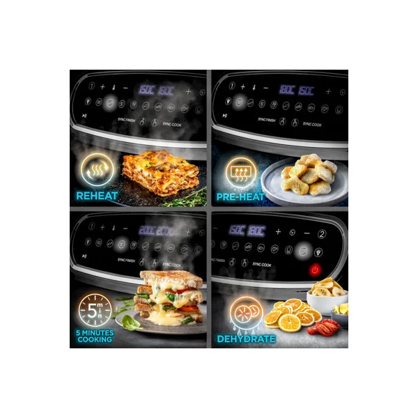 Duronic AF34 BK Air Fryer Triple Drawer 10L Digital AirFryer with Visual Window Large Dual Zone Air Fryer for Family Meals - Black