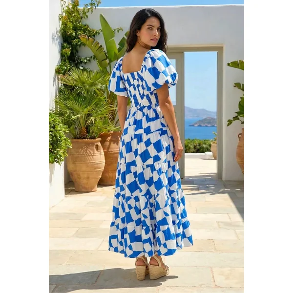 Dusk Blue Geo Print Tiered Dress