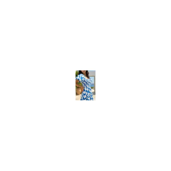Dusk Blue Geo Print Tiered Dress