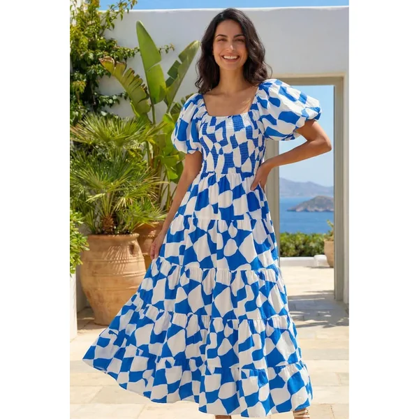 Dusk Blue Geo Print Tiered Dress