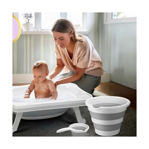 ebebek baby plus Foldable Bathtub Set 3 Pcs | Baby Bath Set Foldable Bathtub with Buckets | Non-Slip Support Leg, Collapsible Tub for Toddler Baby Kids Bathing Set