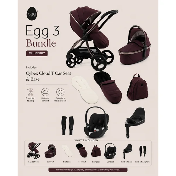 Egg 3 Bundle Mulberry with Cybex Cloud T Car Seat & Base