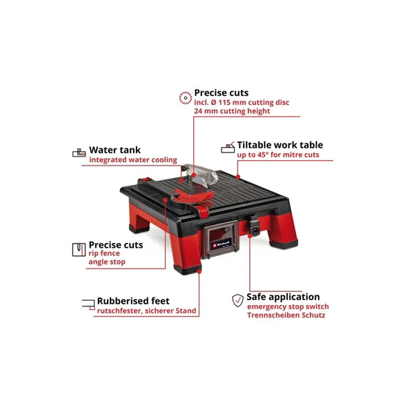 Einhell Cordless Tile Cutter 115mm 18V Power X-Change Adjustable Angle Stop And Table Tilt TE-TC 18/115 Li-Solo - Body Only