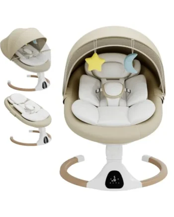 Electric Baby Swing Chair from Birth, 0–6 Months, max 9kg，Portable Newborn Baby Bouncer with Bluetooth, Rocking Rocker Chair 5 Swing Speed, 3 Angle Position, Remote Control & Touch Panel Beige