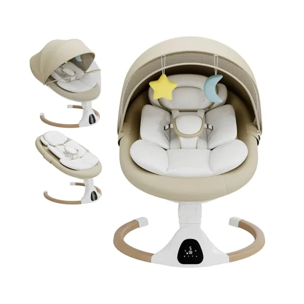 Electric Baby Swing Chair from Birth, 0–6 Months, max 9kg,Portable Newborn Baby Bouncer with Bluetooth, Rocking Rocker Chair 5 Swing Speed, 3 Angle Position, Remote Control & Touch Panel Beige