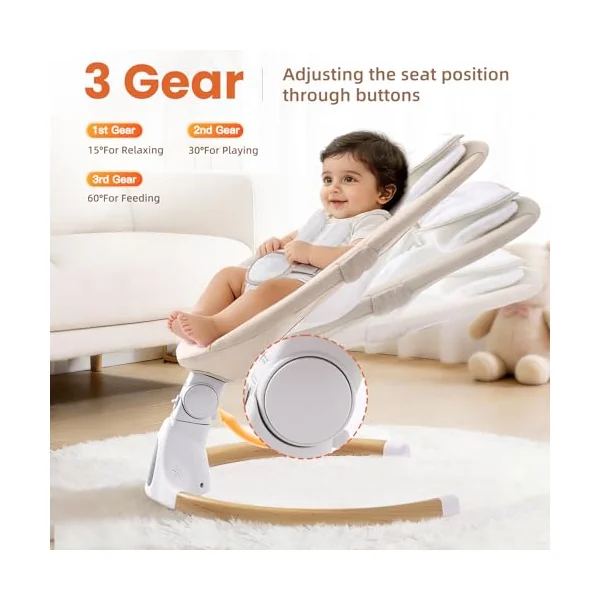 Electric Baby Swing Chair from Birth, 0–6 Months, max 9kg,Portable Newborn Baby Bouncer with Bluetooth, Rocking Rocker Chair 5 Swing Speed, 3 Angle Position, Remote Control & Touch Panel Beige