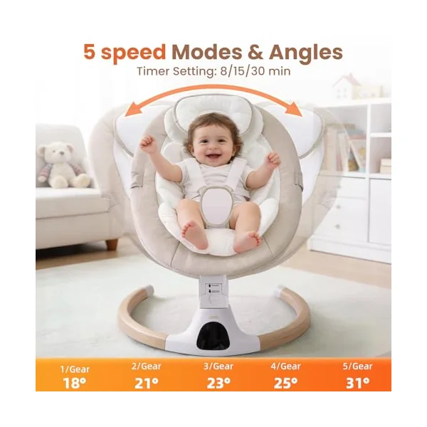 Electric Baby Swing Chair from Birth, 0–6 Months, max 9kg,Portable Newborn Baby Bouncer with Bluetooth, Rocking Rocker Chair 5 Swing Speed, 3 Angle Position, Remote Control & Touch Panel Beige