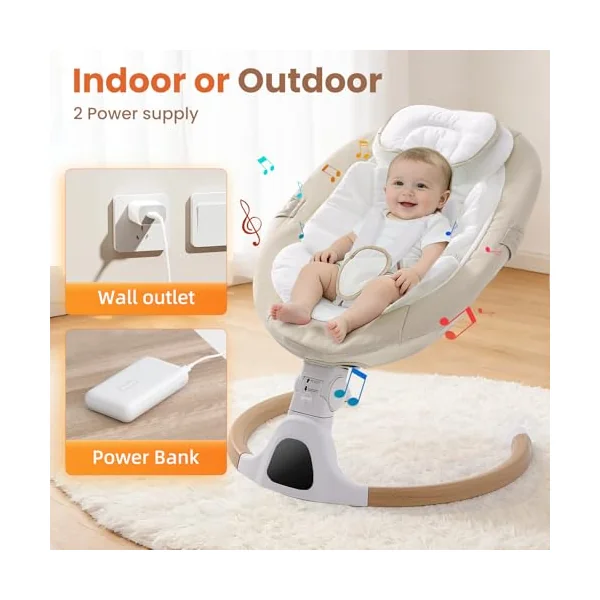 Electric Baby Swing Chair from Birth, 0–6 Months, max 9kg,Portable Newborn Baby Bouncer with Bluetooth, Rocking Rocker Chair 5 Swing Speed, 3 Angle Position, Remote Control & Touch Panel Beige