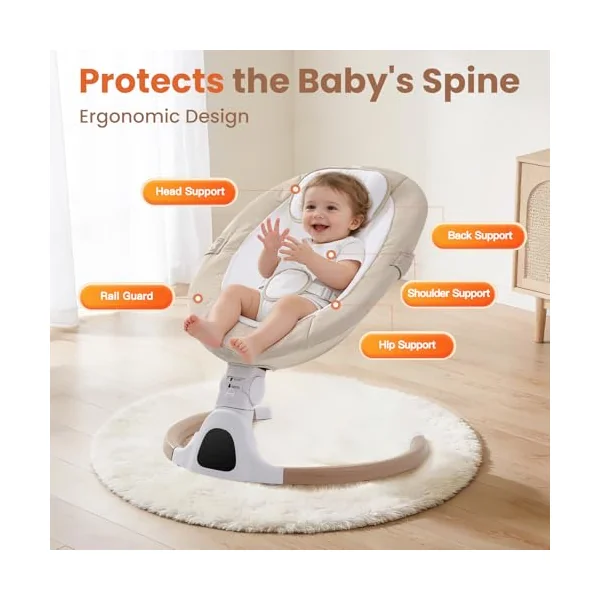 Electric Baby Swing Chair from Birth, 0–6 Months, max 9kg,Portable Newborn Baby Bouncer with Bluetooth, Rocking Rocker Chair 5 Swing Speed, 3 Angle Position, Remote Control & Touch Panel Beige