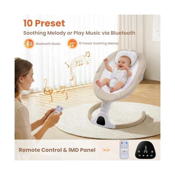 Electric Baby Swing Chair from Birth, 0–6 Months, max 9kg,Portable Newborn Baby Bouncer with Bluetooth, Rocking Rocker Chair 5 Swing Speed, 3 Angle Position, Remote Control & Touch Panel Beige