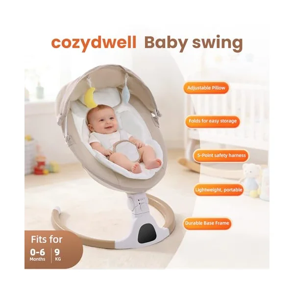 Electric Baby Swing Chair from Birth, 0–6 Months, max 9kg,Portable Newborn Baby Bouncer with Bluetooth, Rocking Rocker Chair 5 Swing Speed, 3 Angle Position, Remote Control & Touch Panel Beige
