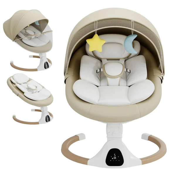 Electric Baby Swing Chair from Birth, 0–6 Months, max 9kg,Portable Newborn Baby Bouncer with Bluetooth, Rocking Rocker Chair 5 Swing Speed, 3 Angle Position, Remote Control & Touch Panel Beige