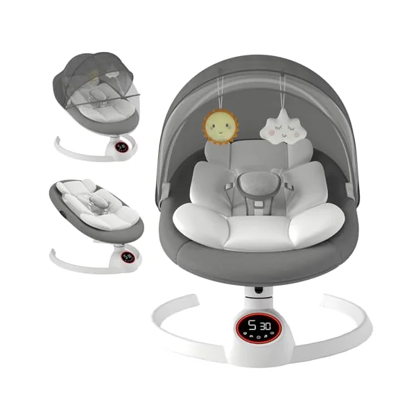 Electric Baby Swing Chair from Birth, Bluetooth Bouncer with 5 Swing Speed, 3-Stage Timer and Remote Control, Portable Baby Rocking Rocker Seat Touch Screen Music Speaker Grey