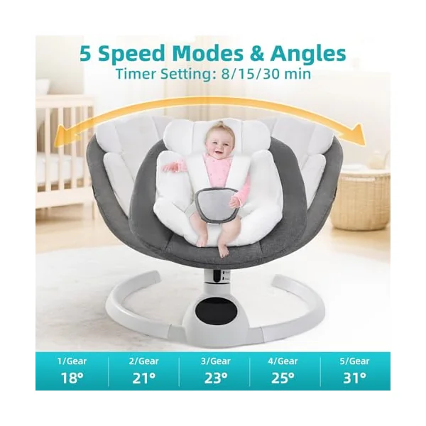 Electric Baby Swing Chair from Birth, Bluetooth Bouncer with 5 Swing Speed, 3-Stage Timer and Remote Control, Portable Baby Rocking Rocker Seat Touch Screen Music Speaker Grey