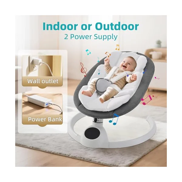 Electric Baby Swing Chair from Birth, Bluetooth Bouncer with 5 Swing Speed, 3-Stage Timer and Remote Control, Portable Baby Rocking Rocker Seat Touch Screen Music Speaker Grey