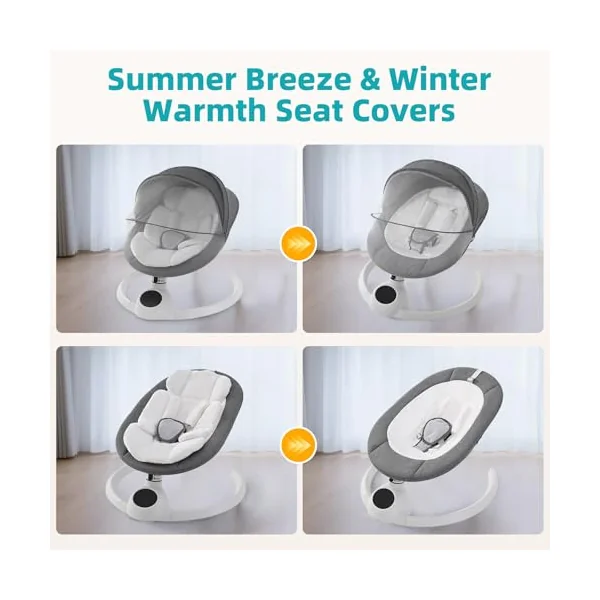 Electric Baby Swing Chair from Birth, Bluetooth Bouncer with 5 Swing Speed, 3-Stage Timer and Remote Control, Portable Baby Rocking Rocker Seat Touch Screen Music Speaker Grey