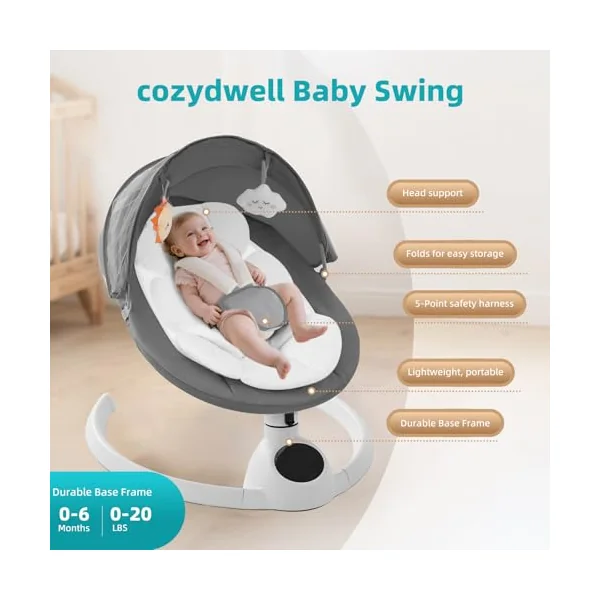 Electric Baby Swing Chair from Birth, Bluetooth Bouncer with 5 Swing Speed, 3-Stage Timer and Remote Control, Portable Baby Rocking Rocker Seat Touch Screen Music Speaker Grey