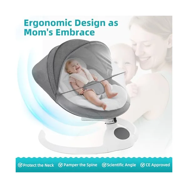 Electric Baby Swing Chair from Birth, Bluetooth Bouncer with 5 Swing Speed, 3-Stage Timer and Remote Control, Portable Baby Rocking Rocker Seat Touch Screen Music Speaker Grey