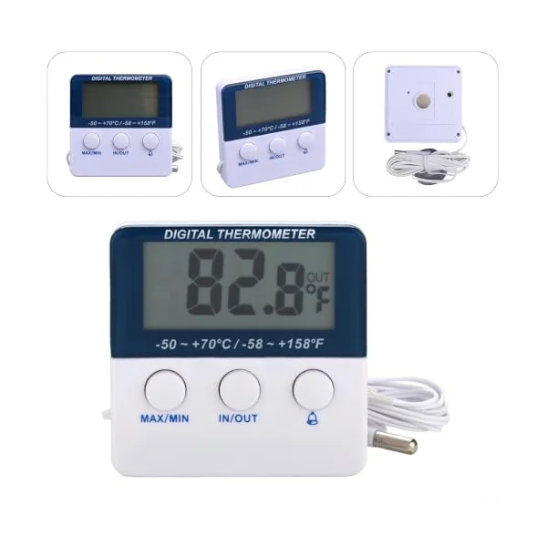Electronic Fridge Thermometer with Alarm, Tracks Max Min Temp for Home, Wine Cellar, Freezer, Baby Room, Compact Plastic Design, Easy Read