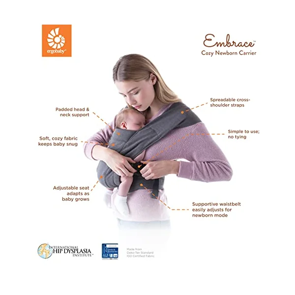 Ergobaby Embrace Baby Carrier for Newborns from Birth with Head Support, Extra Soft and Ergonomic, Soft Grey
