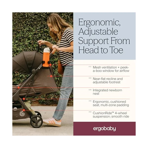 Ergobaby Metro 3 Deluxe Pushchair Buggy with Reclining Function, Baby Buggy from Birth to 22kg (0-4 Years), one-Hand fold and car seat Compatible, Camel
