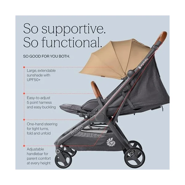 Ergobaby Metro 3 Deluxe Pushchair Buggy with Reclining Function, Baby Buggy from Birth to 22kg (0-4 Years), one-Hand fold and car seat Compatible, Camel