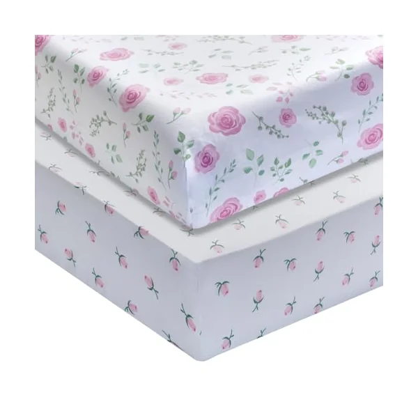 EVERYDAY KIDS 2 Pack Fitted Girls Crib Sheet, 100% Soft Breathable Microfiber Baby Sheet, Fits Standard Size Crib Mattress 28in x 52in, White and Pink Nursery Sheets with Flowers, Roses and Rosebuds