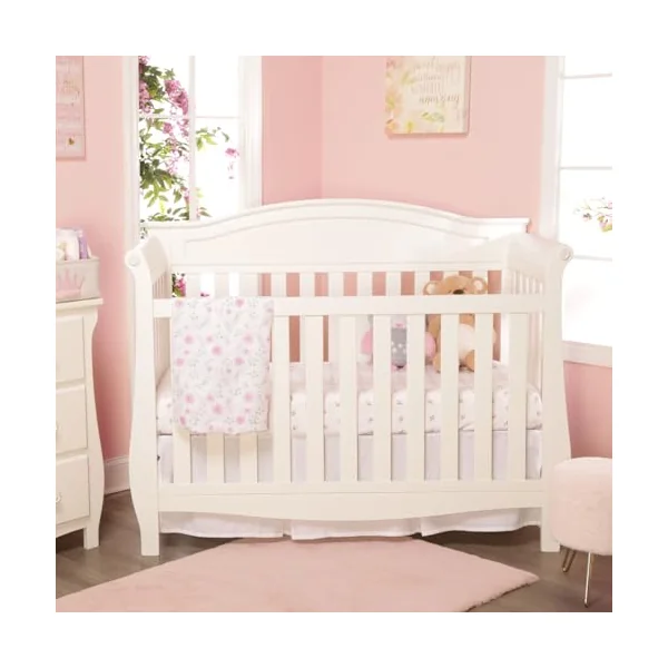 EVERYDAY KIDS 2 Pack Fitted Girls Crib Sheet, 100% Soft Breathable Microfiber Baby Sheet, Fits Standard Size Crib Mattress 28in x 52in, White and Pink Nursery Sheets with Flowers, Roses and Rosebuds