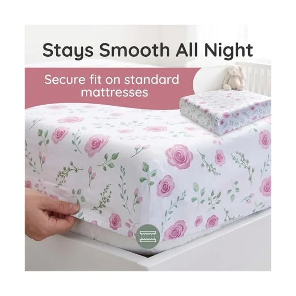 EVERYDAY KIDS 2 Pack Fitted Girls Crib Sheet, 100% Soft Breathable Microfiber Baby Sheet, Fits Standard Size Crib Mattress 28in x 52in, White and Pink Nursery Sheets with Flowers, Roses and Rosebuds
